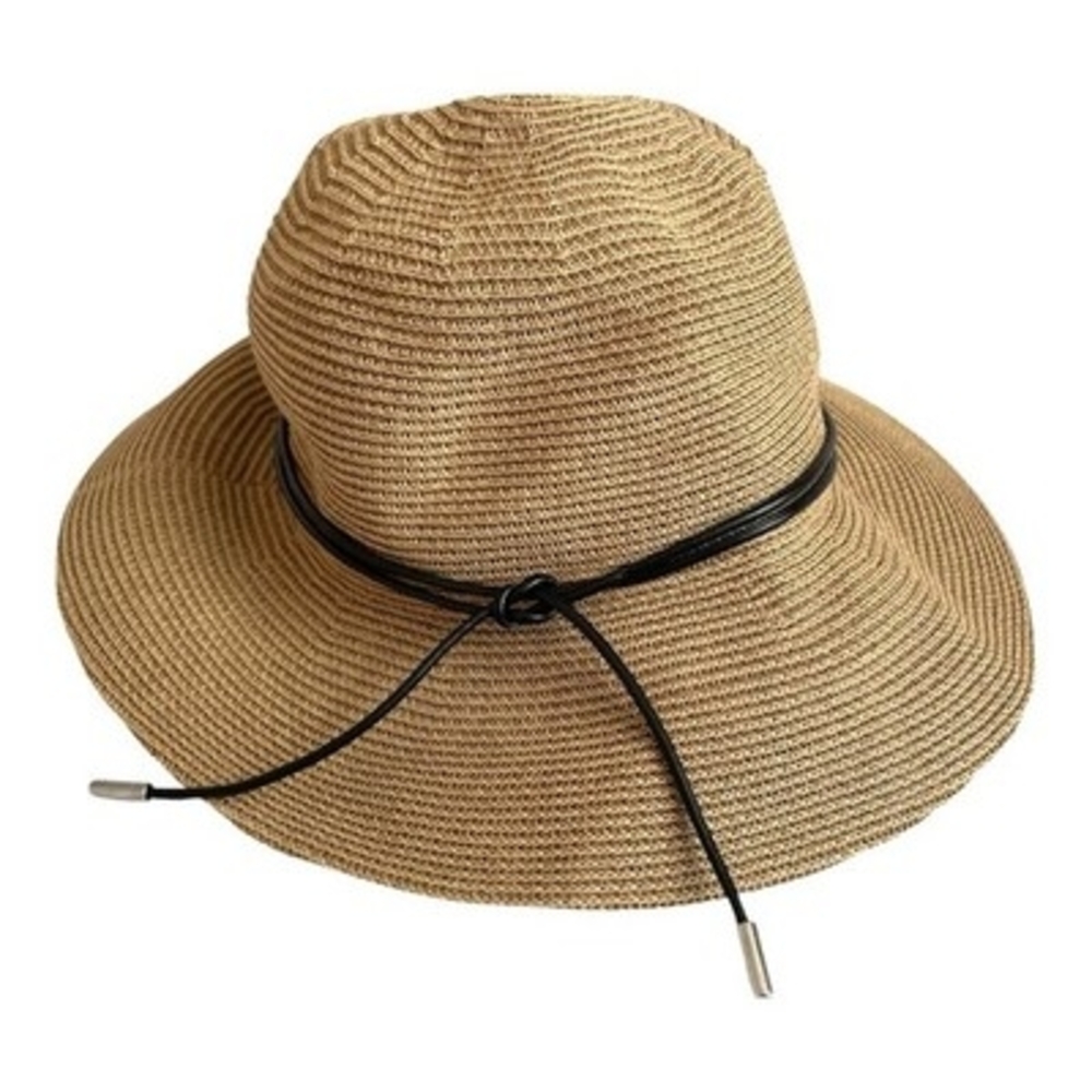 Women's Wide Brim Straw Sun Hat Beach Floppy Summer Linen Cap Black Leather Tie - Picture 3 of 7